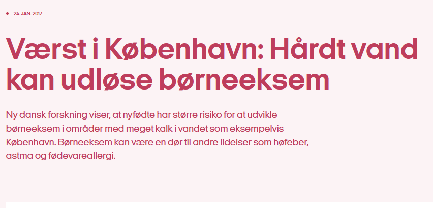 Overskrift om hårdt vand og børneeksem i København med dato og forklaring om sundhedsrisici.